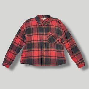 Cropped Baggy Plaid Flannel Red & Gray Button Up Long Sleeve Shirt L Pink Rose